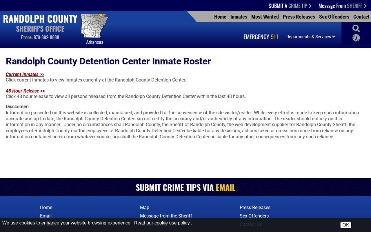 Randolph County current inmate and 48-hour release selector