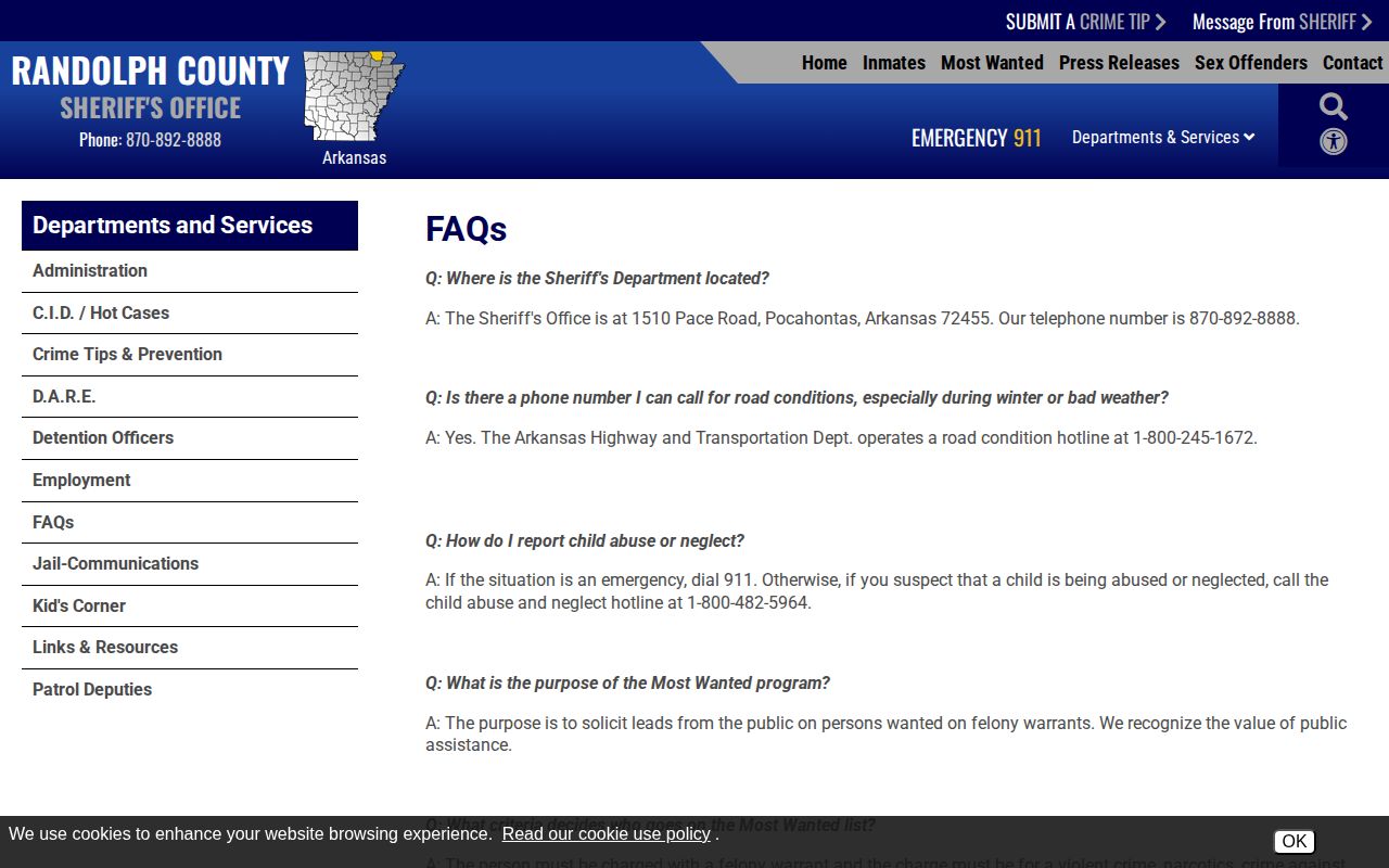 Randolph County jail booking records and wanted policy page