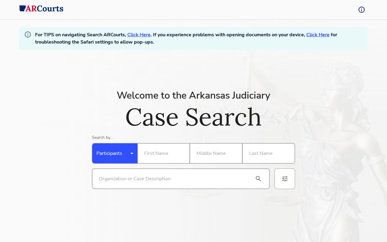 Search ARCourts form for Randolph County arrest case records
