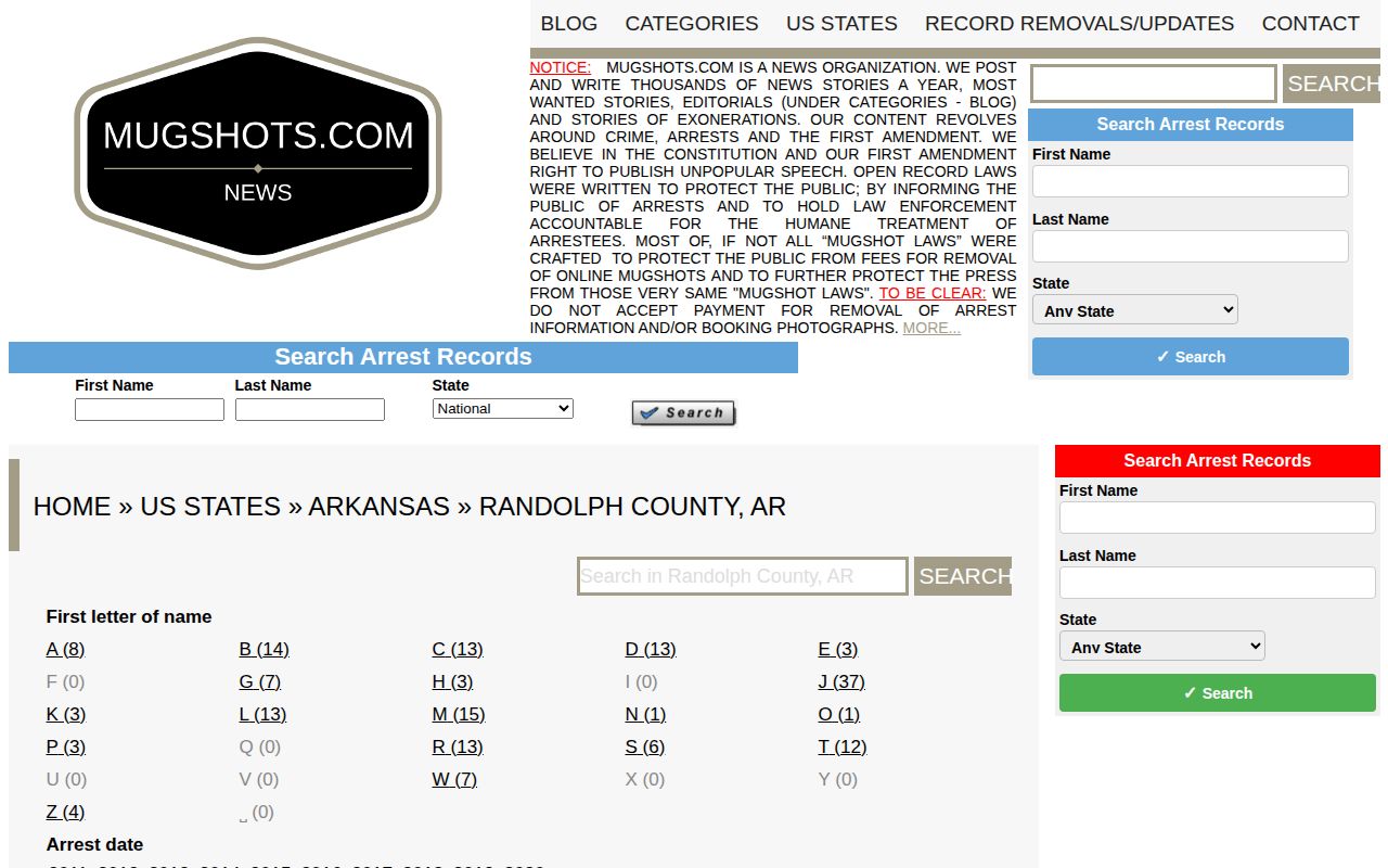 Unofficial Randolph County mugshot index used as a secondary Maynard booking record source