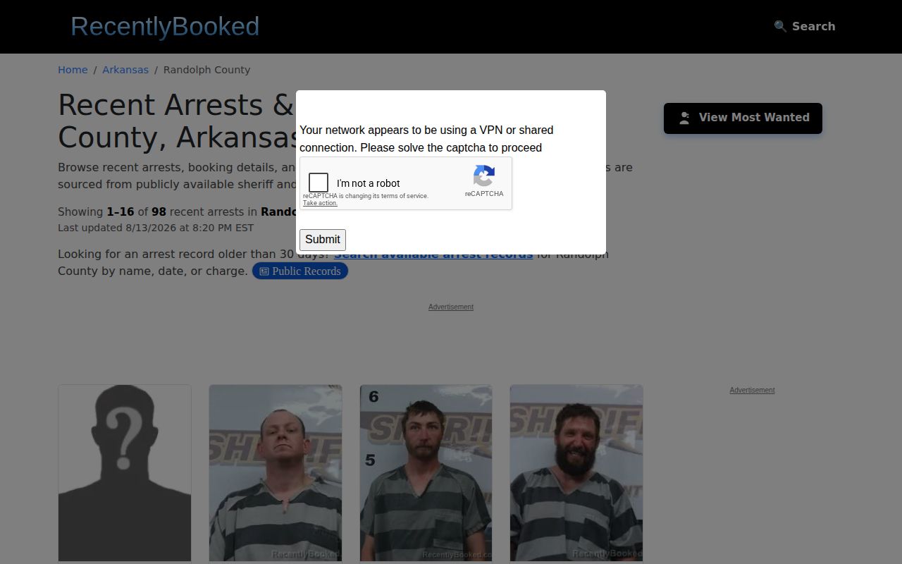 Unofficial Randolph County booking page used as a secondary Reyno mugshot record source